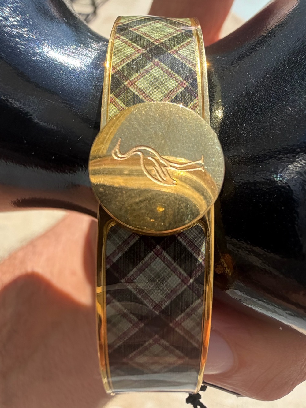 Gold Plaid Enamel Hinged Talidara Designer Bangle Bracelet